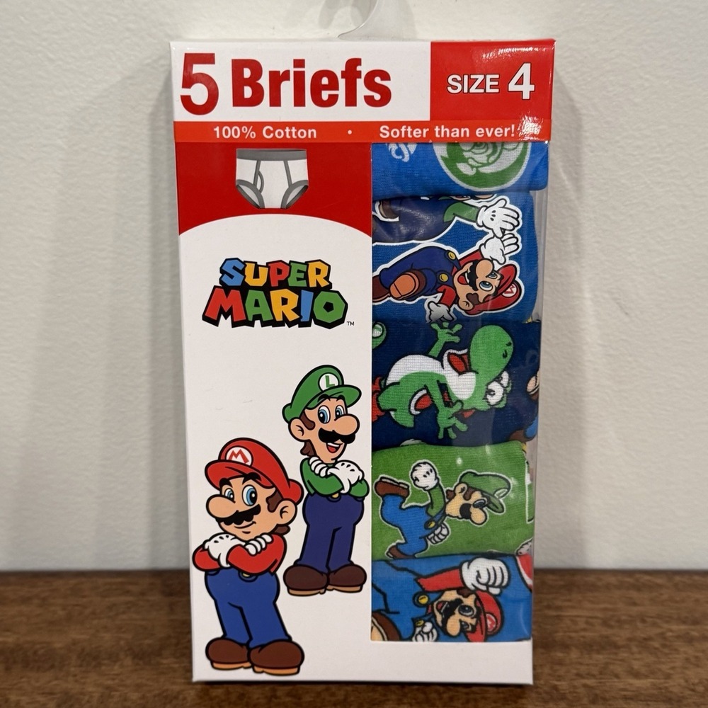 Super Mario Boys Underwear Briefs Sz 4 Nintendo Luigi Yoshi 100% Cotton NEW 5-Pk
